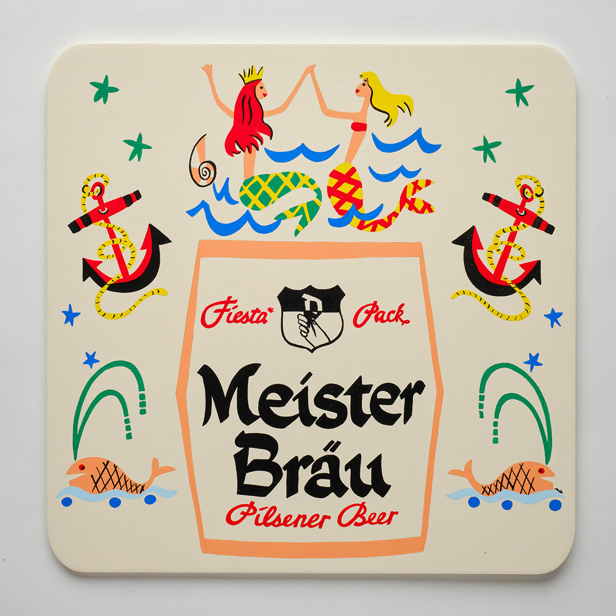 Oversized, Nan-Painted Meister Brau Beer Coaster - Mermaids