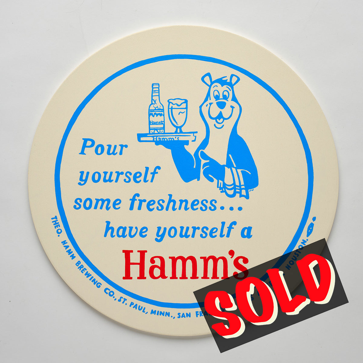 Oversized, Nan-Painted Hamm’s Beer Coaster - Round