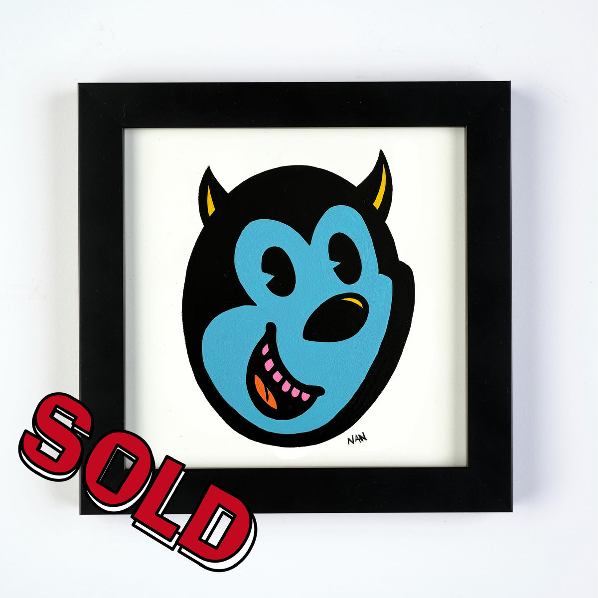 Devil Cat Blue - 6”x6” Framed Original Painting