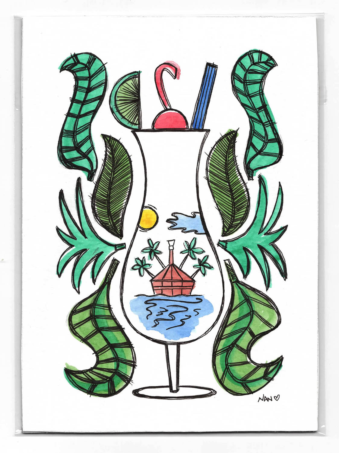 Grab n Go! Signed Watercolor + Ink Original -Tiki O’Clock #1