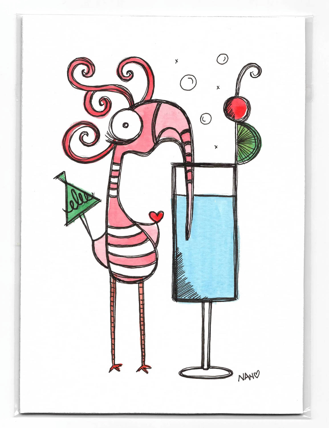 Grab n Go! Signed Watercolor + Ink Original - Flamingo Drinks #1