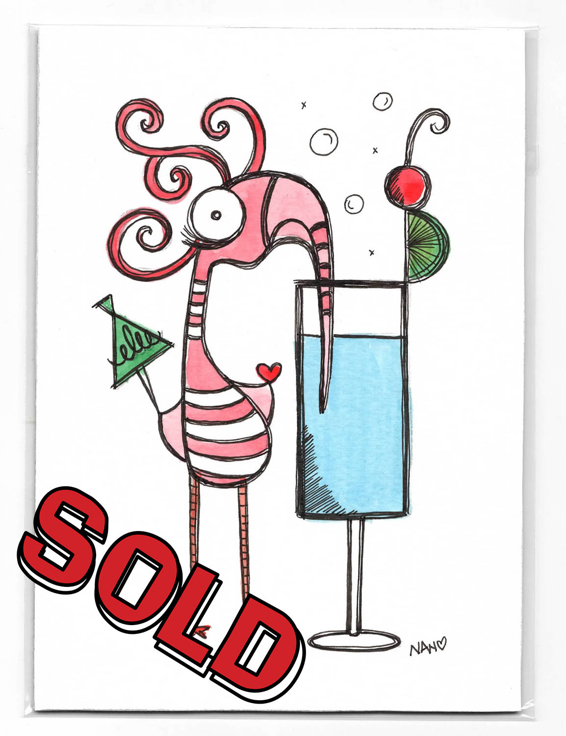 Grab n Go! Signed Watercolor + Ink Original - Flamingo Drinks #1