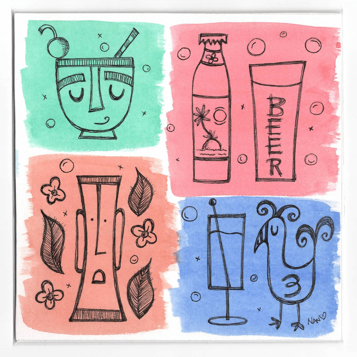 Grab n Go! Signed Watercolor + Ink Original - Bar Drinks #2