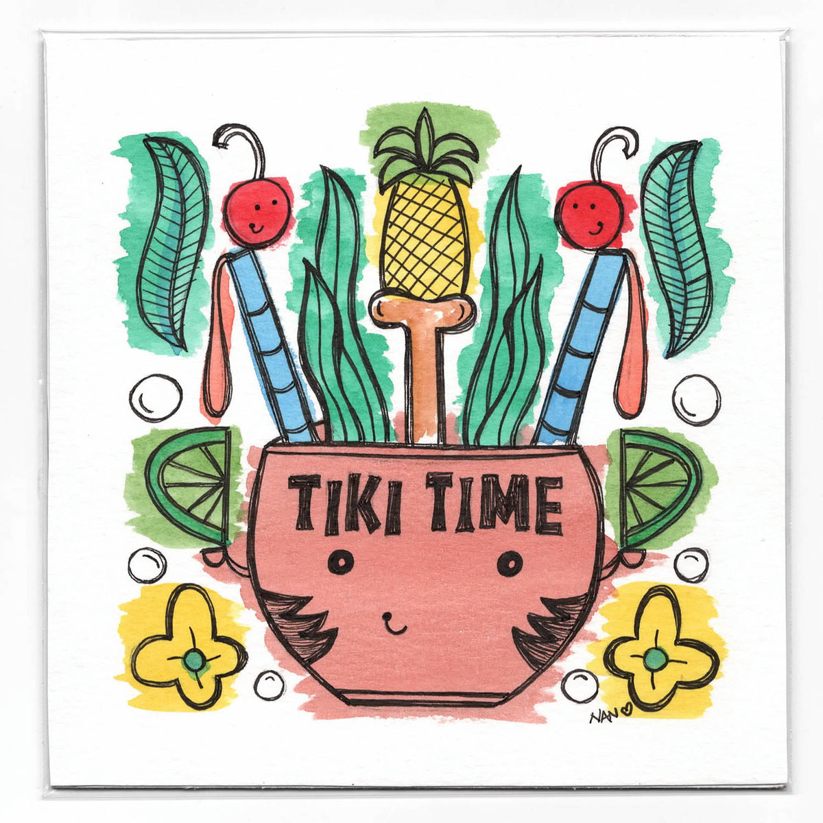 Grab n Go! Signed Watercolor + Ink Original - Tiki Time #1